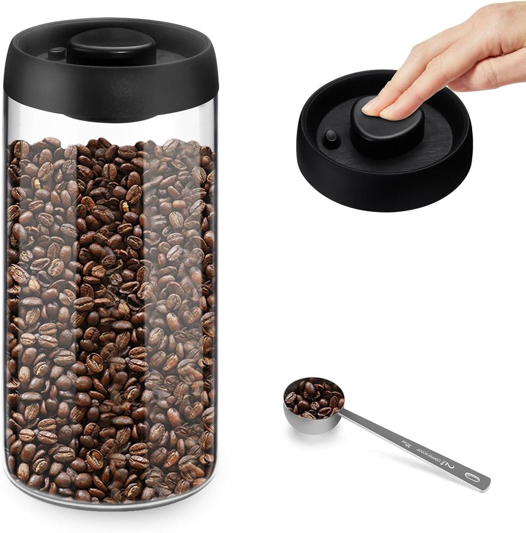 Vacuum Coffee Canister for Coffee Bean Storage, 1.8L/60.9oz Airtight Coffee Storage Container, Glass Manual Vacuum Seal Coffee Container with Scoop for Bean, Ground, Tea
