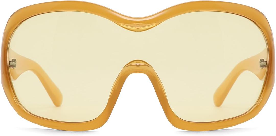 Oversized Trendy Wrap Around Sunglasses for Women Men - Cool Concert shades 2000s Retro Round Big Shield Glasses (Yellow)
