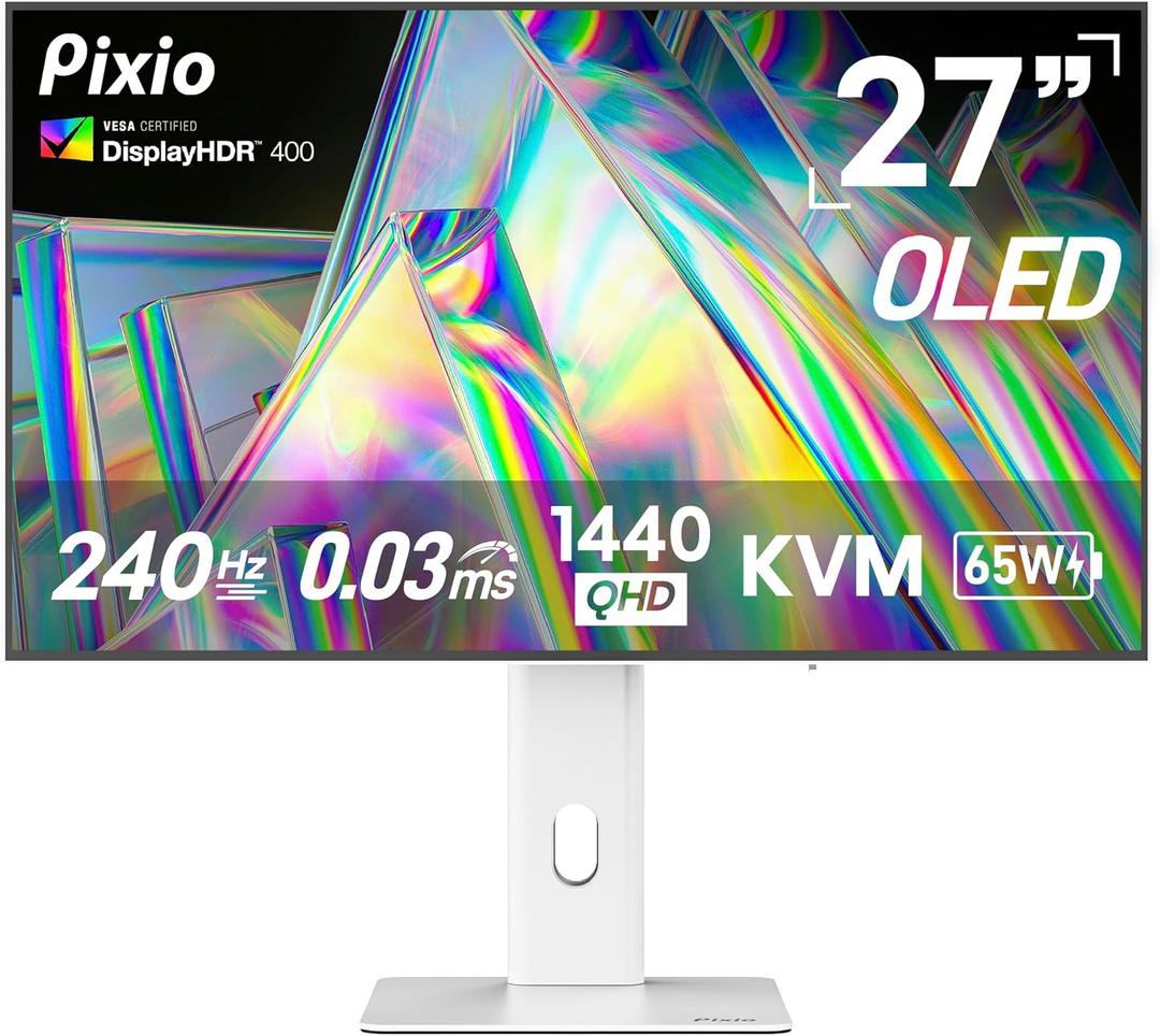 27" WOLED White Gaming Monitor, QHD 1440p, 240Hz, 0.03ms, DisplayHDR True Black 400, Adaptive Sync, KVM switch, Fully Adjustable Stand, HDMI 2.1, DisplayPort, USB-C, RGB light, PX277 OLED Max V2 White