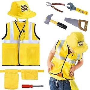 iPlay, iLearn Kids Construction Costumes, Toddler Worker Dress Up Clothes, Boys Pretend Builder Career Outfit, Halloween Role Play Toys, Tool Belt Vest Hat, Party Birthday Gift 3 4 5 6 Years Old Child