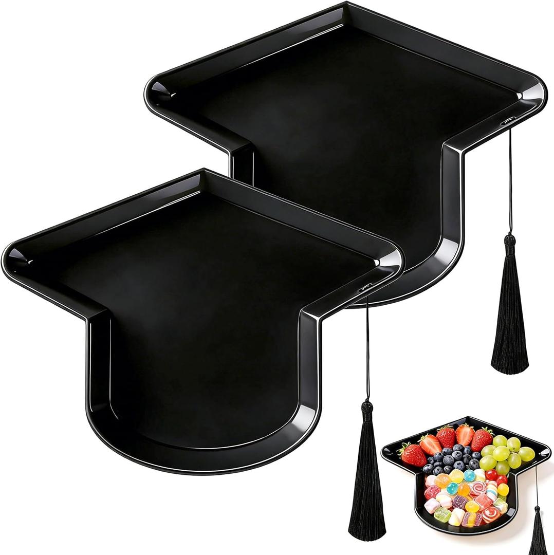 Wehhbtye 2 Pcs Graduation Cap Serving Trays, Fillable Grad Cap Serving Dish with Tassel, Reusable Plastic Graduation Hat Food Container for 2026 Graduating Party Supplies Table Decoration (Black)