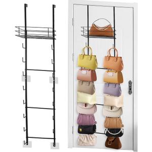 Over The Door Purse Organizer, Hanging Purse Organizer, Wall-Mounted Handbag Storage Rack with 16 Hooks & Metal Basket, Space-Saving 2-in-1 Bag Rack for Door, Closet