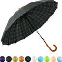 SoulRain 16 Ribs 48" Stick Umbrella Auto Open Solid Color Fashionable and SimpleArc Classic Wood HandleWindproof Unbreakable Stick Rain Umbrella
