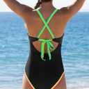 popvil One Piece Swimsuit 2025 Tummy Control Women Bathing Suit Shapewear Swimsuits Slimming Neon Cute Tie Back Swimwear (Black, M)