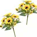 2 Pack 12’’Artificial Sunflower Bouquets – Faux Sunflower Stems with 5 Large Sunflower Heads, 6 Small Daisies & Green Leaves, Fake Flowers for DIY Home Office & Farmhouse Décor