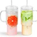 32oz Glass Cups with Handle & Glass Lids and Straws, 2 Pack Large Borosilicate Glass Tumblers for Iced Coffee, Smoothies, Fruit Drinks. Reuseable Glasses Cups for Cold/Hot Water