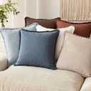 Foindtower Decorative Linen Fringe Throw Pillow Covers Cozy Boho Farmhouse Cushion Cover with Tassels Soft Accent Pillowcase for Chair Sofa Bed Living Room Home Decor, 2222 Inch,1PC,Sky Blue