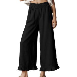 Women's Wide Leg Pants High Waist Ruffle Hem Casual Loose Cropped Trousers Solid Color Lightweight Daily Lounge, XL