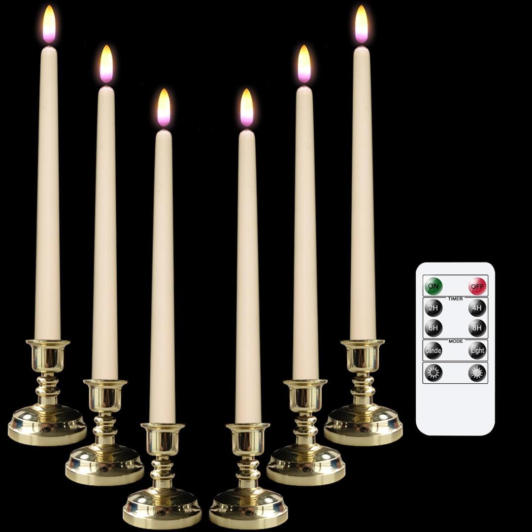 DRomance LED Flameless Flickering Window Candles with 10-Key Remote and Timer, Battery Operated Ivory 11" Realistic 3D Wick Purple Flame Christmas Thanksgiving Decor Candles(Set of 6, Gold Holders)