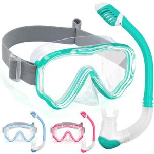Vvinca Snorkel Set for Kids 3-14, Dry Top Snorkeling Gear for Boys Girls Youth, Panoramic View Swim Goggles with Nose Cover & Anti-Fog Lens, Junior Scuba Diving Mask with Adjustable Soft Fabric Strap, One Size 