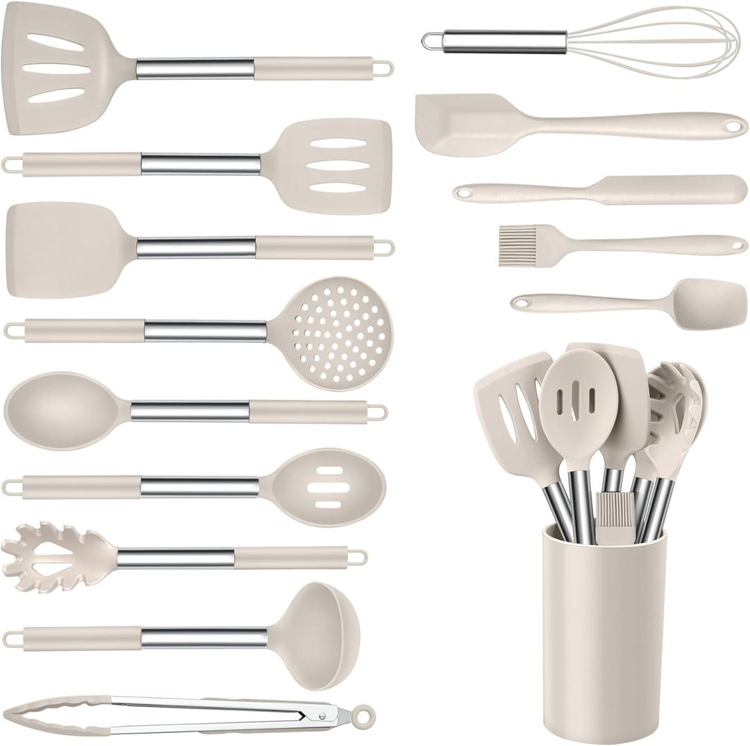 Onader Silicone Cooking Utensils Set of 15, Kitchen Utensils Set with Holder for Nonstick Cookware, 446F Heat Resistant Stainless Steel Handle - Khaki