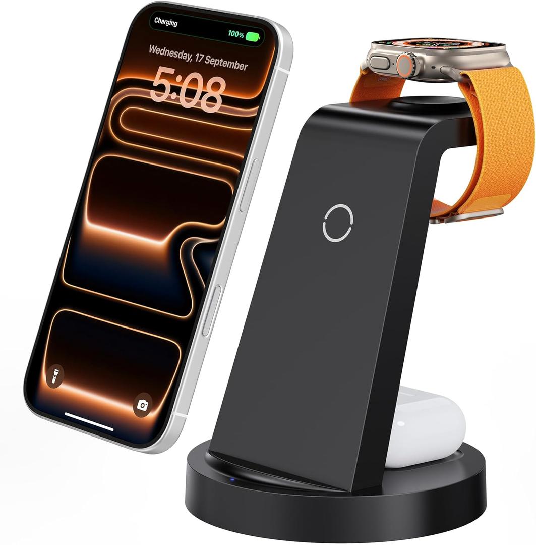 Anlmz 3 in 1 Charging Station for iPhone, Wireless Charger for iPhone 17 16e 16 15 14 13 12 11 X Pro Max & Apple Watch - Wireless Charging Station for AirPods 4 3 Pro (Black)
