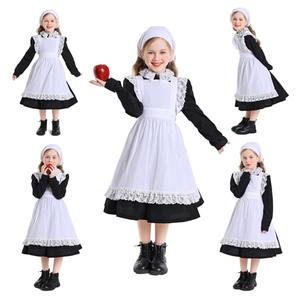 AVIFU Girls Colonial Dress Kids Pioneer Costume Prairie Bonnet Hat Pilgrim Apron Cosplay Accessories Full Set, XS