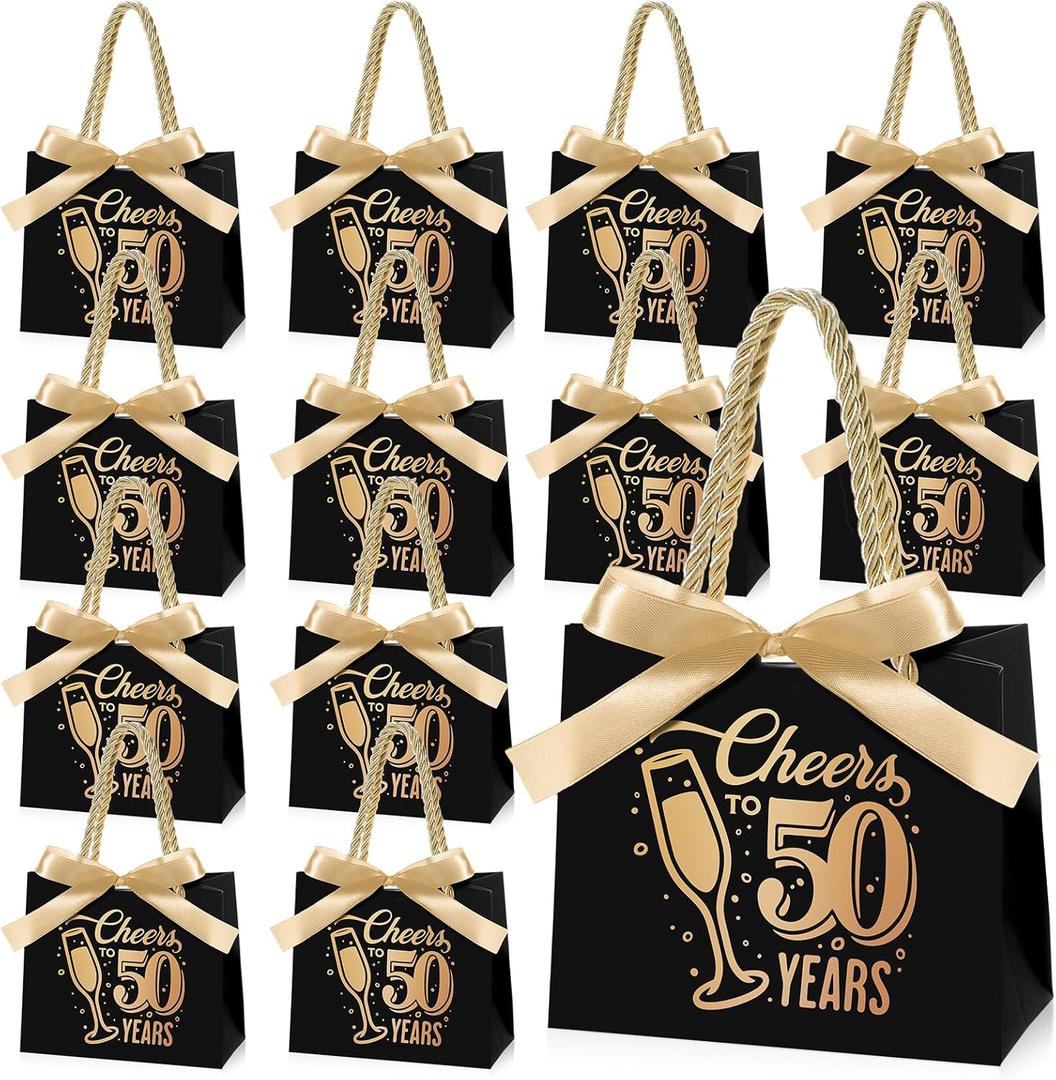 Clysee 25 Pcs Birthday Gift Bags with Handles Black and Gold Party Favor Bags Bulk for Birthday Wedding Anniversary Supplies Decorations, 5.51 x 2.36 x 4.72 Inches (Cheers to 50)