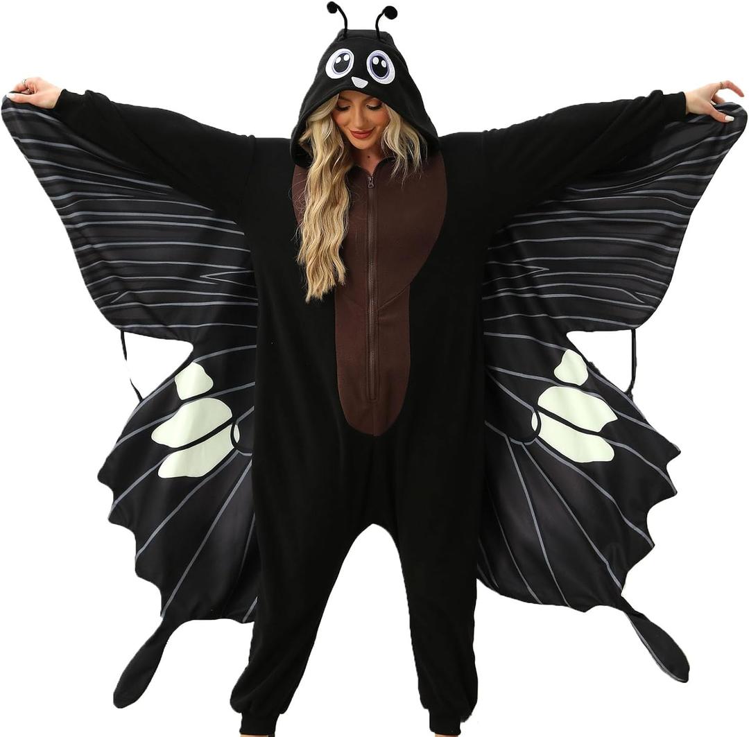 Adult Black Butterfly Costume Butterflies Onesie Pajamas Halloween Costumes Cartoon Cosplay Sleepwear for Women Men (Large)