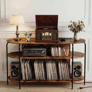 Faesun Record Player Stand with Vinyl Storage, Large Wooden Record Storage Cabinet Holds 200+ Albums, Turntable Stand for Living Room & Bedroom, Round Shelf Design, Vintage