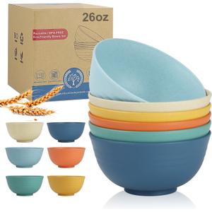 26 oz Wheat Straw Bowls,Unbreakable Cereal Bowls Set of 6,Microwave & Dishwasher Safe Salad Bowls for kitchen, Kitchen Bowl Sets for Soup,Salad,Fruit,Snack and Oatmeal-Multi Color (Yellow,Orange,Blue,Green,Beige,Navy Blue)