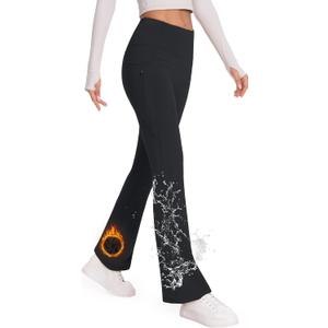 SEVEGO Tall Women's 32/34/36 Fleece Lined Flare Leggings Water Resistant Winter Thermal Bell Bottom Yoga Pants 3 Pockets (Medium, Black)