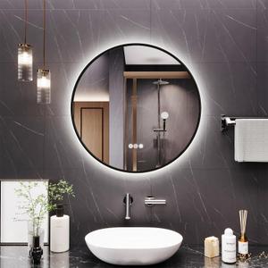 Round Bathroom Mirror with Lights, 24x24 Inch Vanity Mirror with Backlit, Anti-Fog, 3 Colors and Stepless Dimmable Wall Mounted Makeup Mirror with Metal Frame (Black)
