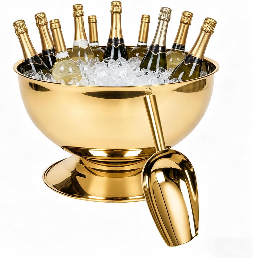Large Ice Bucket, 12L Champagne Bucket with Ice Scoop Semicircle Drink Tub with Integrated Base Gold Beverage Tub for Parties, Cocktail Bar, Chilling Wine (1, Gold)