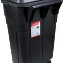 Rubbermaid Roughneck Heavy-Duty Wheeled Trash Can with Lid 34-Gallon Black for Home/Outdoor Garbage Disposal