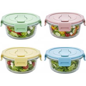 1.5 Cup Round Glass Food Container with Lids and Folding spoon, Small Round Glass Storage Container, 12oz Food Bowls with Spoons for Lunch Office, Oven, Freezer, Dishwasher Safe (4Pack)