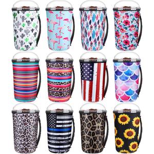 Boao 12 Pieces Reusable Iced Coffee Cup Sleeve Insulator Neoprene Beverages Cup Holder for Tumbler Hot Cold Drinks,with Handle(Elegant Style,24 Ounce (pack of 1))