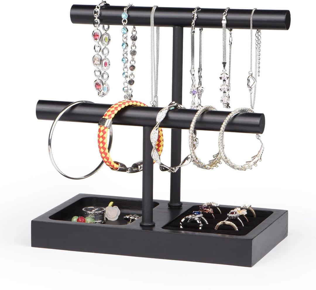 SZQINJI Jewelry Holder Organizers Bracelet Holder Display Stand, Solid Wood Base with 2 Tier Metal T-bar for Bracelet Wristband Bangle Watch Necklace Hanging, Black, Christmas Gift