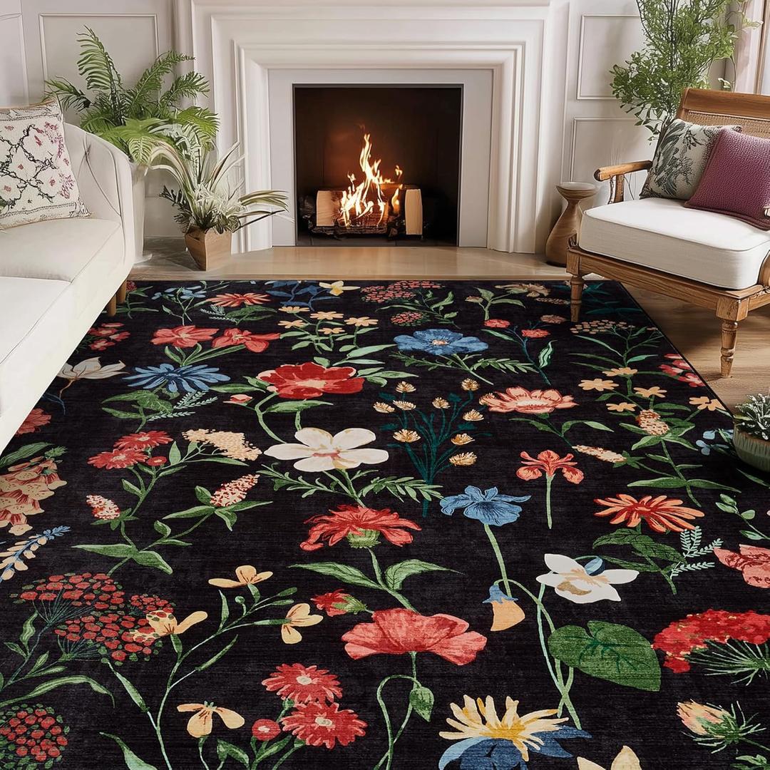 GarveeHome 5x7 Area Rug for Living Room, Floral Washable Rugs Low Pile, Soft Non Slip Vintage Carpet for Bedroom, Kitchen, Dining Room, Office, Black