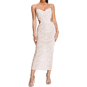 BELLA BARNETT Pearl Spaghetti Strap Garden Party Cutout Sequin Cocktail Elegant Dress (Small, White04)