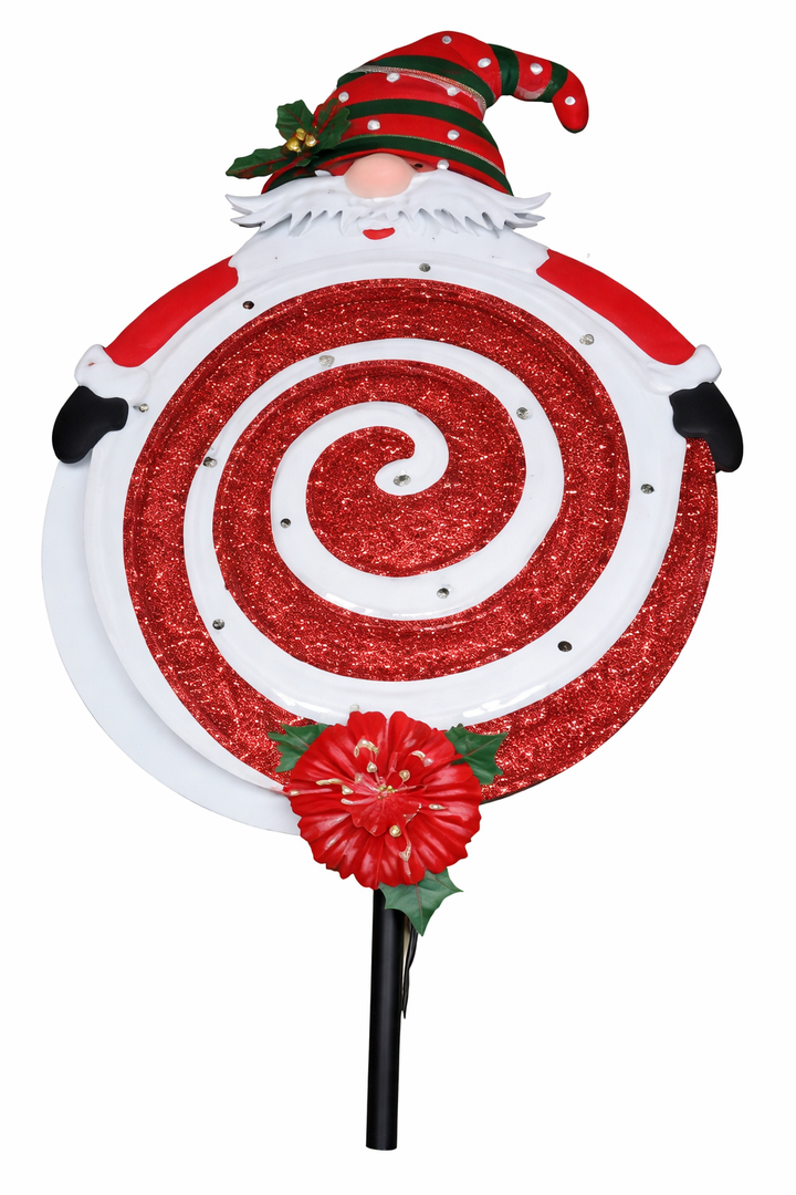 Outdoor solar-powered Christmas yard decoration featuring a red and white glitter spiral lollipop with a Santa figure. Automatically lights up at night. Ground stake installation, no wiring required