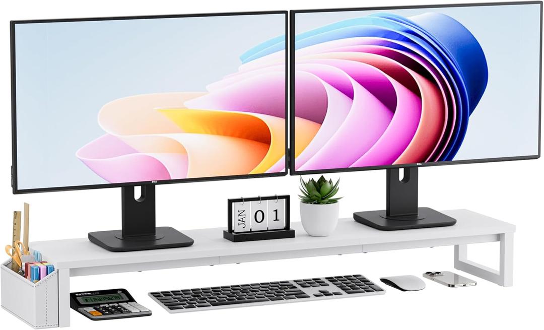 Dual Monitor Stand Riser, 41.5'' Extra Long Wood Monitor Stand Desktop Organizer with Side Pocket, Ergonomic Monitor Riser Supports 2 Monitors,TV,Laptop,Printer for Home Office, White