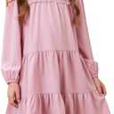 Sunny Spirit Girl's Long Sleeve Dress Tween Fall Formal Party Midi Tiered Flowy Swing Dresses 10-11 Year, Pink