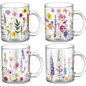 Tioncy 4 Pcs Spring Flower Coffee Mugs 12 oz Floral Glass Cups with Handle Spring Wildflower Coffee Cup Floral Mug Gifts Drinking Containers for Holiday Party