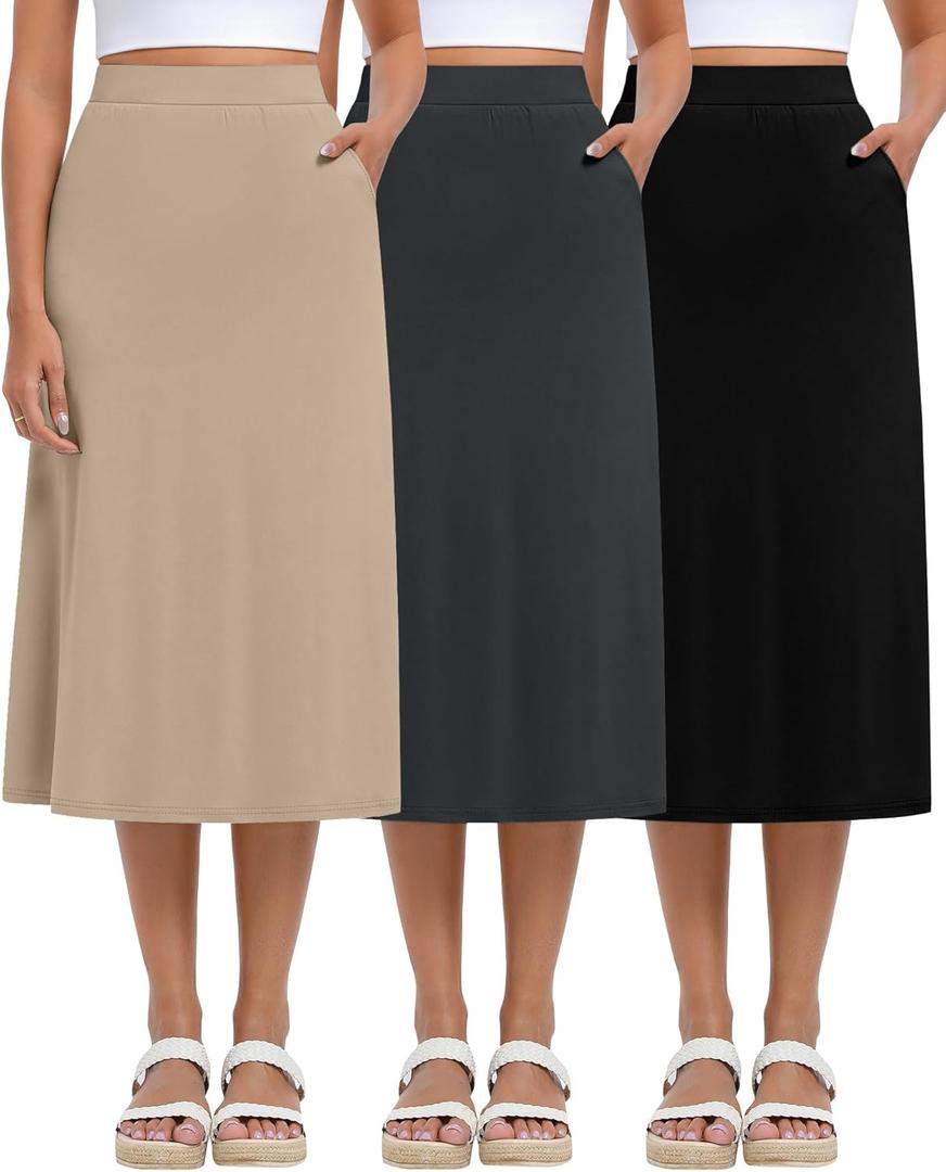 Huukeay 3 Pack Midi Skirts for Women Summer with Pockets A Line Flared Stretchy High Waist Long Skirt Dressy Casual Small
