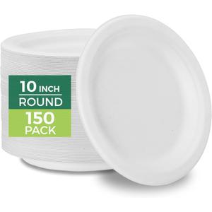 Freshware Paper Plates - Disposable 10" Plate, Biodegradable Sugarcane Fiber Dinner Plates - Heavy Duty Dinnerware for Hot Food - Microwave & Freezer Safe, Stackable Dinnerware - 150-Pack, 10 Inch