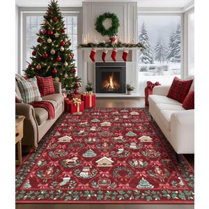 8x10 Christmas Rugs for Living Room Washable Non-Slip Christmas Print Area Rug with Coquette Bow Pattern for Bedroom, Low-Pile Stain Resistan Holiday Carpet for Dining Room Office, Red
