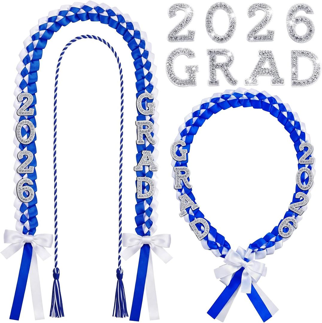 Tigeen 2026 Graduation Lei with Honor Cord 67'' Rhinestone Double Braided Ribbon Necklace for High School College