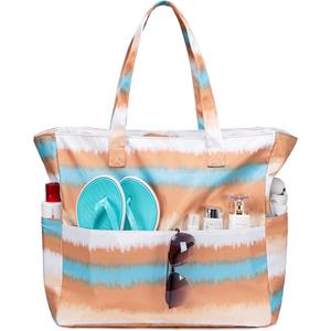 LEDAOU Beach Bag Waterproof Sandproof Women Tote Bag Pool Bag with Zipper for Gym Grocery Travel with Wet Pocket (Coffee Blue Tie Dye)