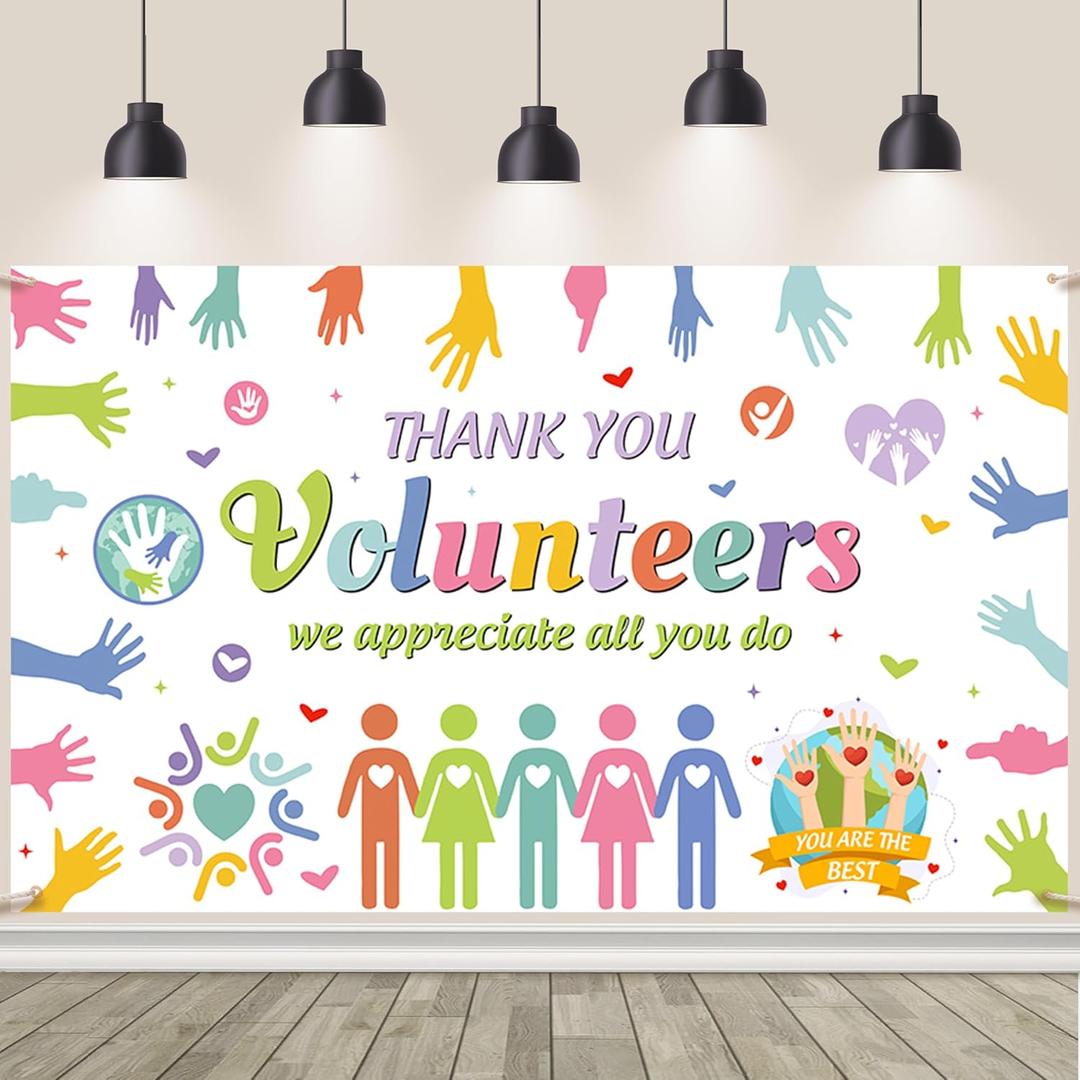 AIBIIN Thank You Volunteers Banner Volunteer Appreciation Decorations Backdrop Happy National Volunteer Week Month Banner Colorful Volunteers Appreciation Decor 70.8 x 43.3 Inch