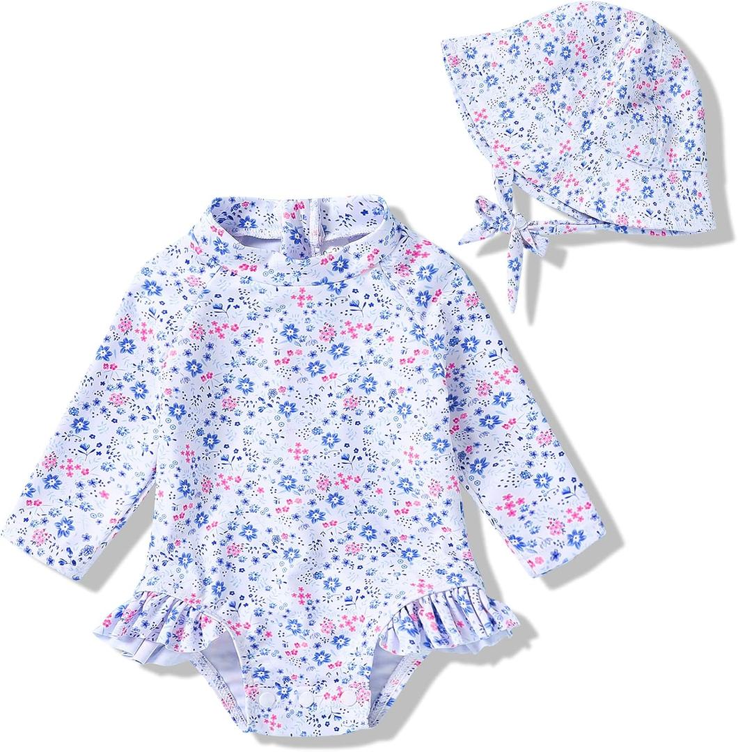 Infant Baby Girl Swimsuit One-Piece Long Sleeve Rash Guard with Hat Set Floral Zipper Bathing Suit Leopard Beach Wear (White, 6-12M)