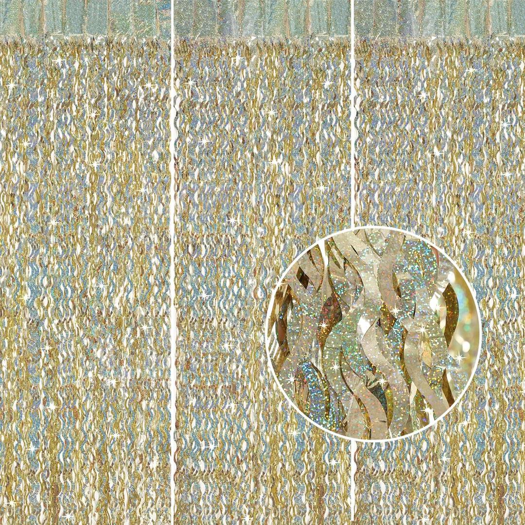 Champagne Gold Foil Fringe Backdrop 3 Pack 3.3 ft x 6.6 ft Sparkle Tinsel Foil Fringe Backdrop Curtains for Birthday Anniversary Retirement Party Decorations