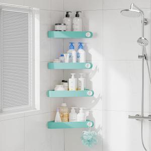 Sotfamily Plastic Shower Caddy Corner (For 90° Only), 4 Pack Adhesive Corner Shower Shelves for Bathroom Organizers and Storage, Turquoise