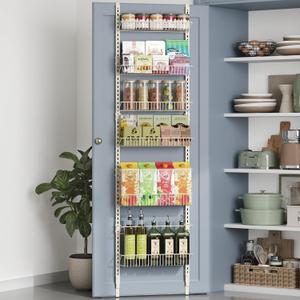 SONGMICS Over The Door Pantry Organizer, 6-Tier Pantry Organizers and Storage, Hanging Spice Rack, 6 Mesh Baskets, 2 Guard Rails, Adjustable Height, Holds 88 lb, Wall Mounted, Cream White UKCS047W01 (Cream White)