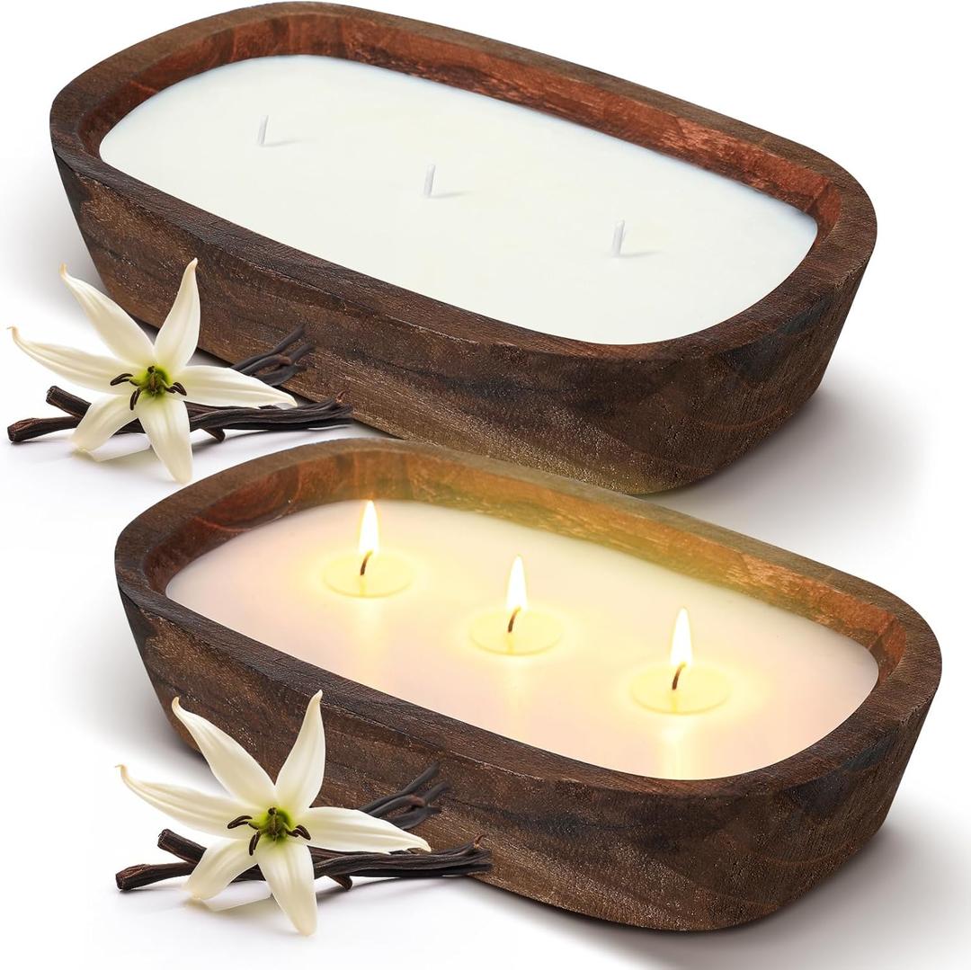 2 Pack Wood Dough Bowl Candle 10 Inch Vanilla Candle Decorative with Wick Scented Candles Soy Gifts for Men Women Farmhouse Table Centerpiece Home(10 Inch,Vanilla)