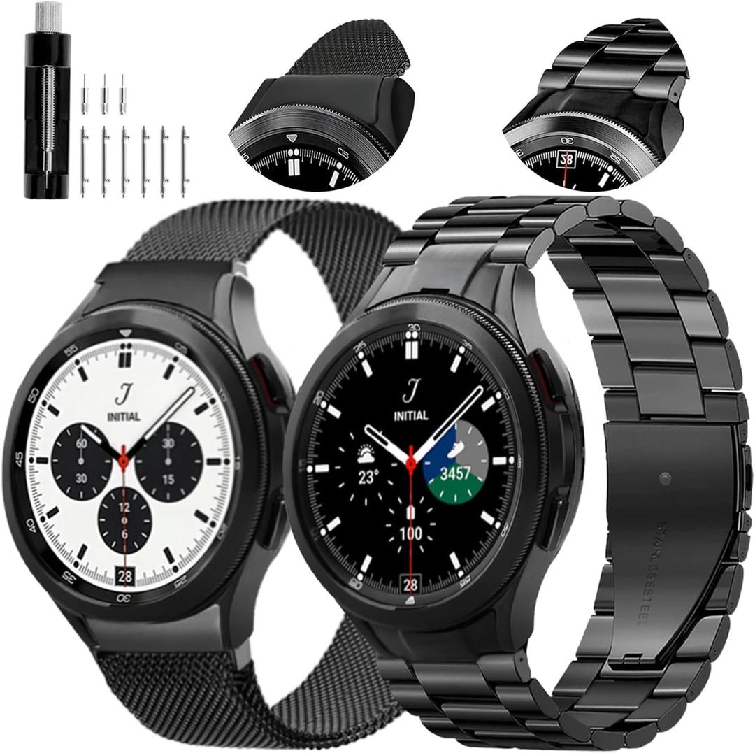 GOLDTOLUCK Compatible with Samsung Galaxy Watch 7 6 5 4 FE Band Pro Classic 43mm 47mm 45mm 40mm 44mm 42mm 46mm No Gap Milanese Mesh Magnetic Classy Elegant Casual Men Women Metal Business Stainless Steel (Black&Black)