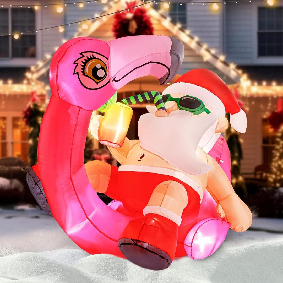7ft Santa with Flamingo Inflatable, Larger Than Life-Size Outdoor Christmas Decoration with Built-in LEDs, Outdoor Yard Decorations