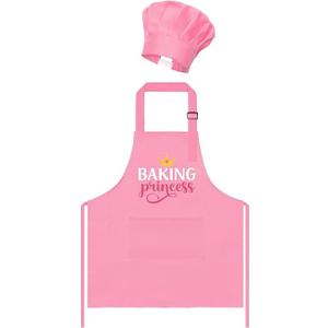 GROBRO7 1Pcs Kids Apron and Chef Hat Set Gift for Girls, Princess Kitchen Baking Princess Pattern Adjustable Kitchen Aprons with 2 Pockets Waterproof Smocks Hats for Baking Cooking Painting Training