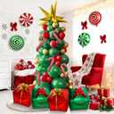 Bonropin Christmas Tree Balloon Garland Arch Kit with Red Green Gold Balloons, Christmas Gold Starburst, Candy Cane Gift Box Foil Balloons for Winter Xmas Party Decorations