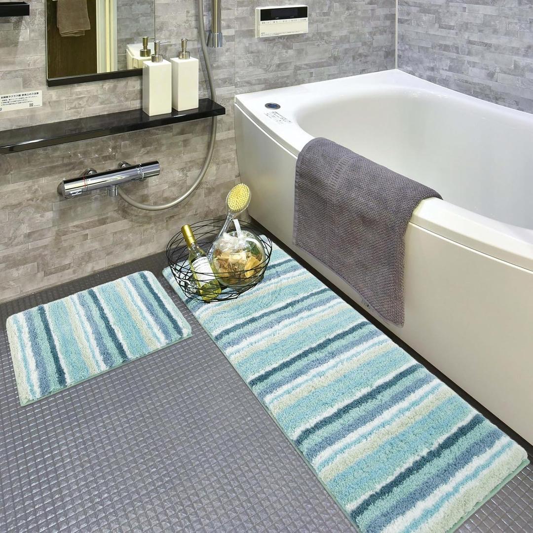 Carvapet Bathroom Rug Mat 2 Piece Set Soft Absorbent Fluffy Microfiber Bath Rug Set Non-Slip Shaggy Bath Mats Machine Wash Dry Bathroom Floor Mats, Teal Aqua White, 17"x24"+17"x48"